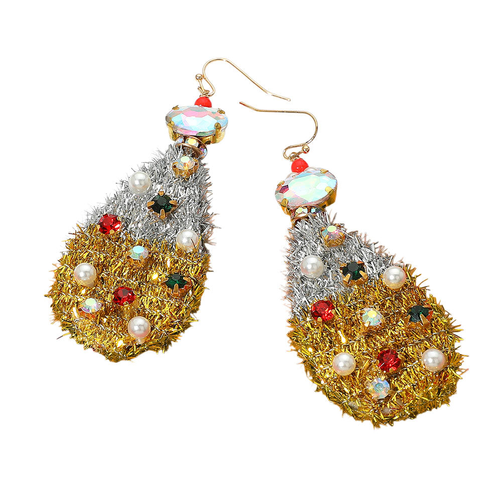Stone Cluster Pearl Embellished Christmas Tinsel Teardrop Dangle Earrings