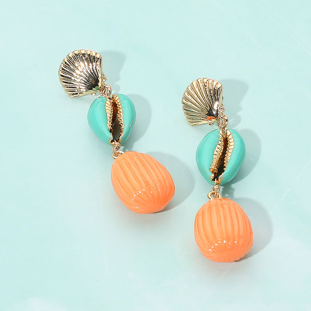 Enamel Sea Shell Puka Shell Link Drop Earrings