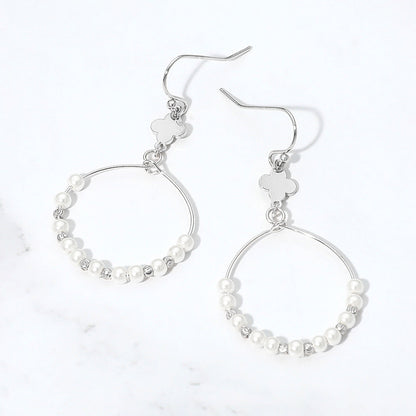 Quatrefoil Accent Pearl Beaded Hoop Link Drop Earrings