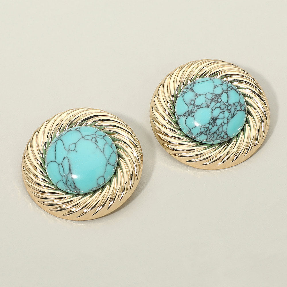 Bold Turquoise Stone Center Metal Swirl Rim Statement Earrings
