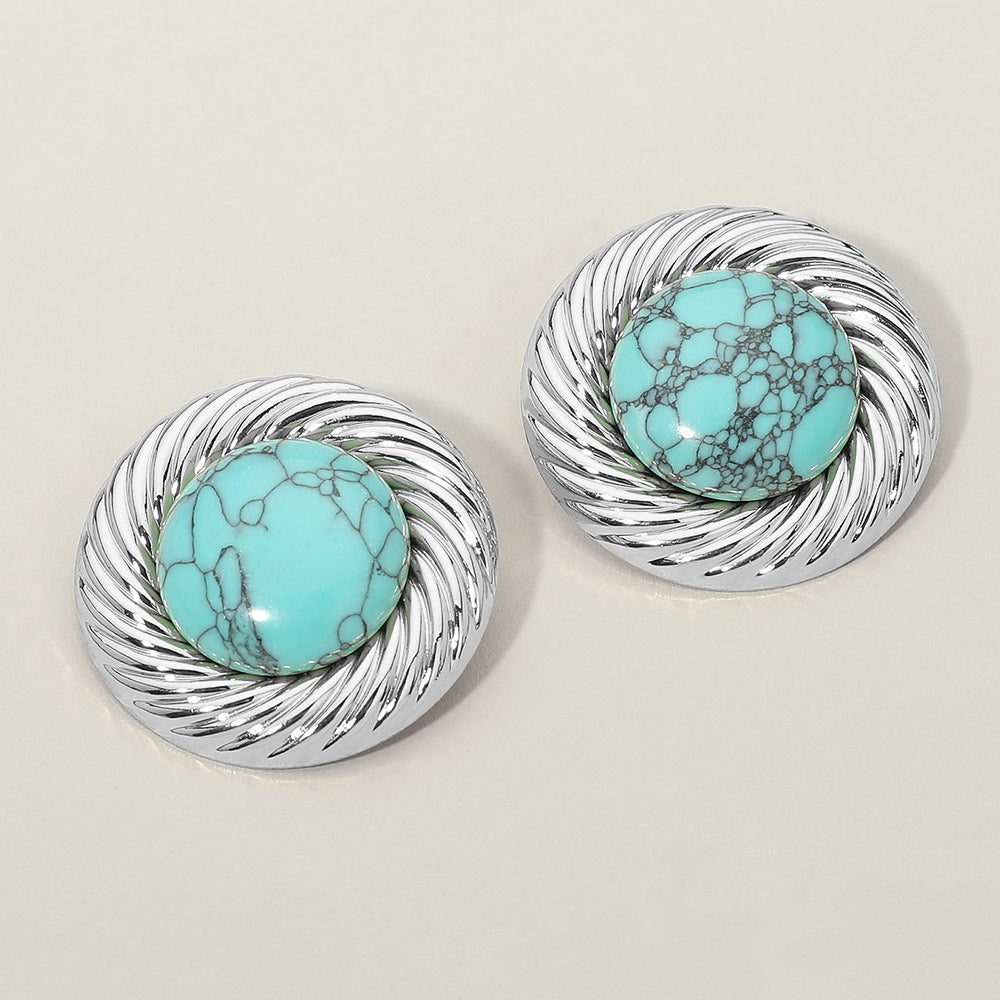 Bold Turquoise Stone Center Metal Swirl Rim Statement Earrings