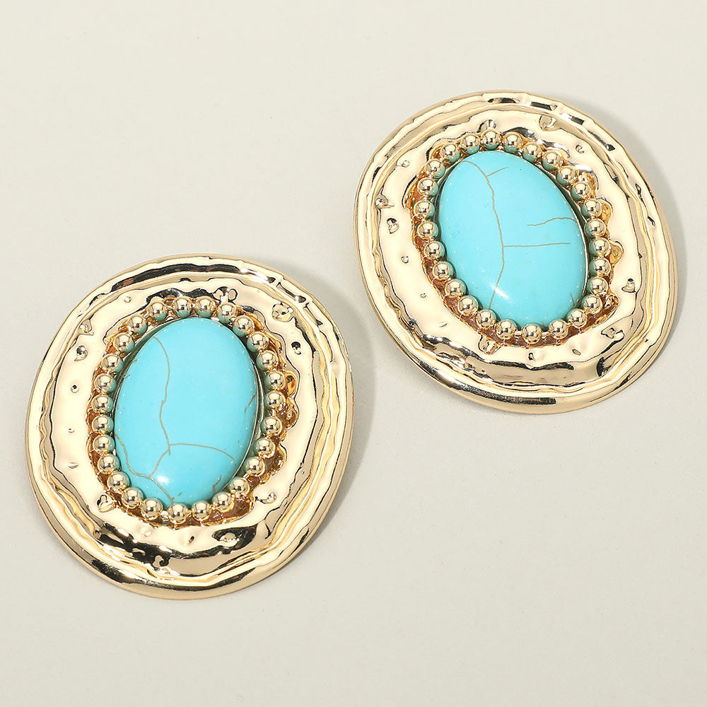Bold Western Oval Turquoise Stone Center Beaded Frame Statement Earrings