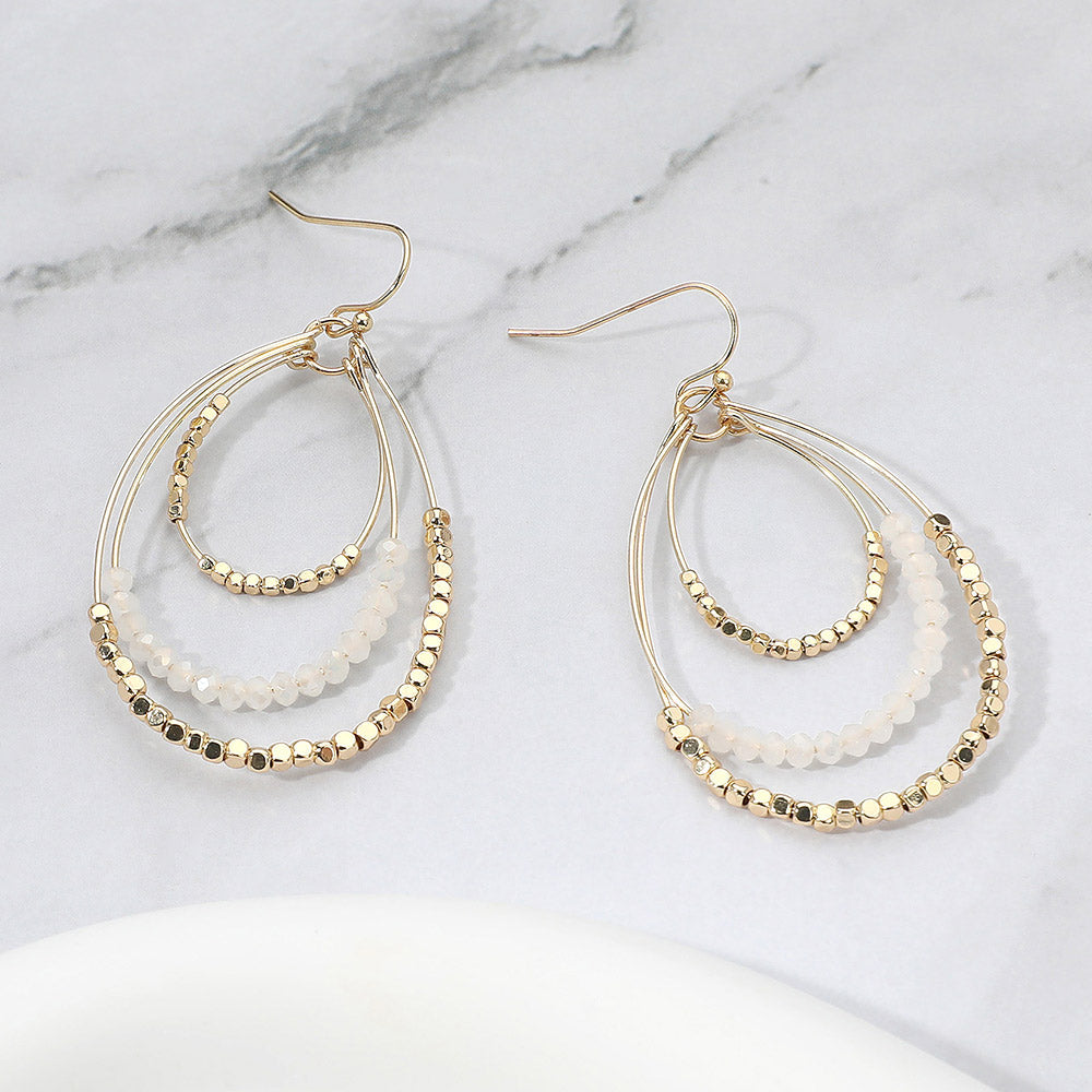 Metal Ball Faceted Beaded Triple Wire Teardrop Layered Dangle Earrings
