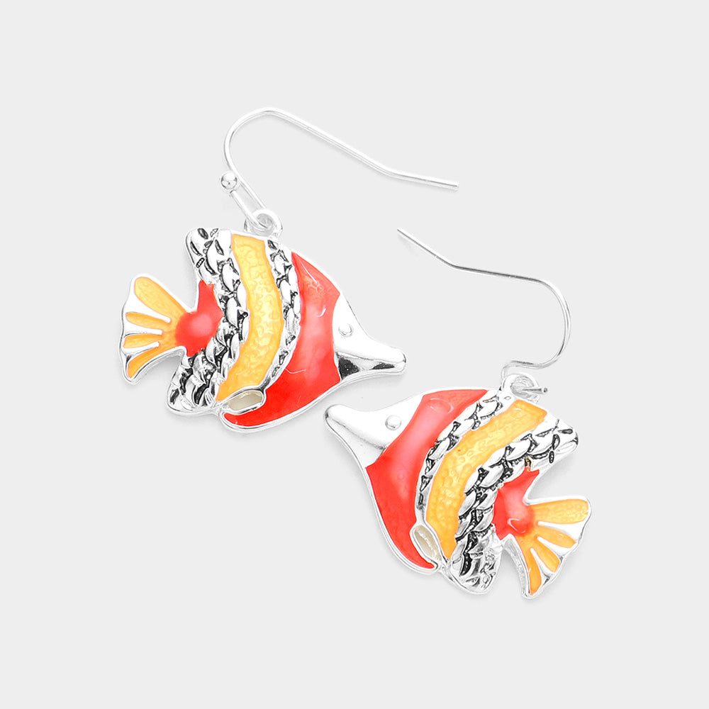 Enamel Antique Metal Fish Dangle Earrings