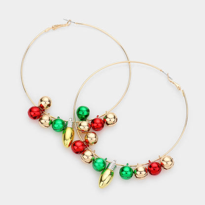 Christmas Bell Bulb Charm Metal Hoop Earrings