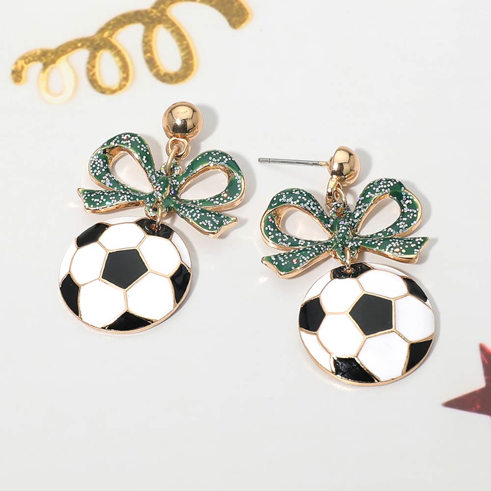 Bow Soccer Ball Drop Dangle Earrings