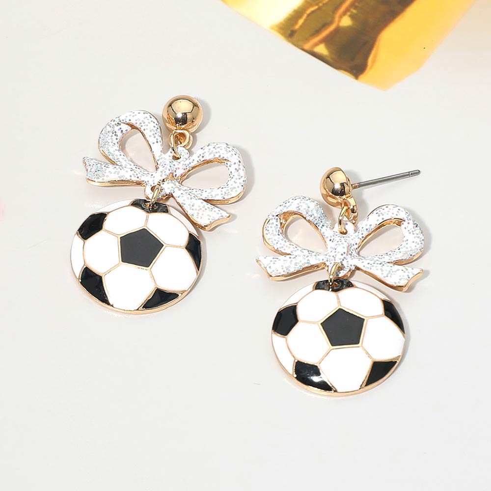 Bow Soccer Ball Drop Dangle Earrings