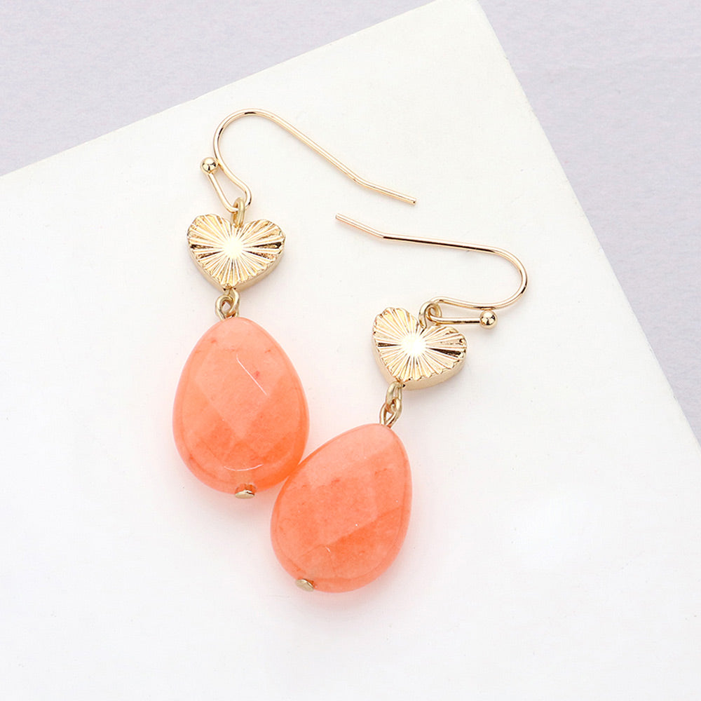 Metal Heart Teardrop Natural Stone Link Dangle Earrings