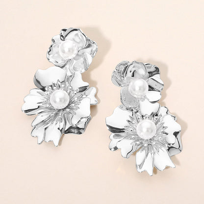 Pearl Accent Double Floral Link Drop Statement Earrings