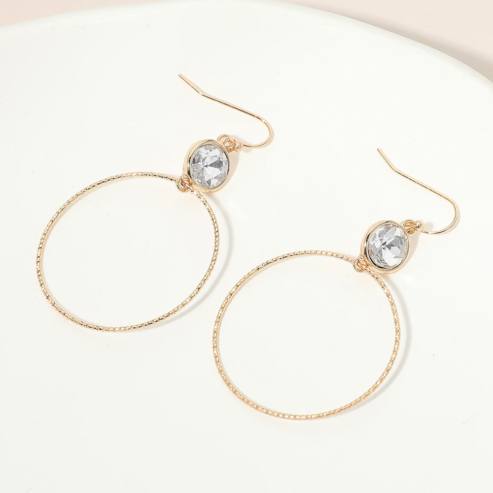 Round Stone Bezel Accent Open Hoop Drop Link Earrings