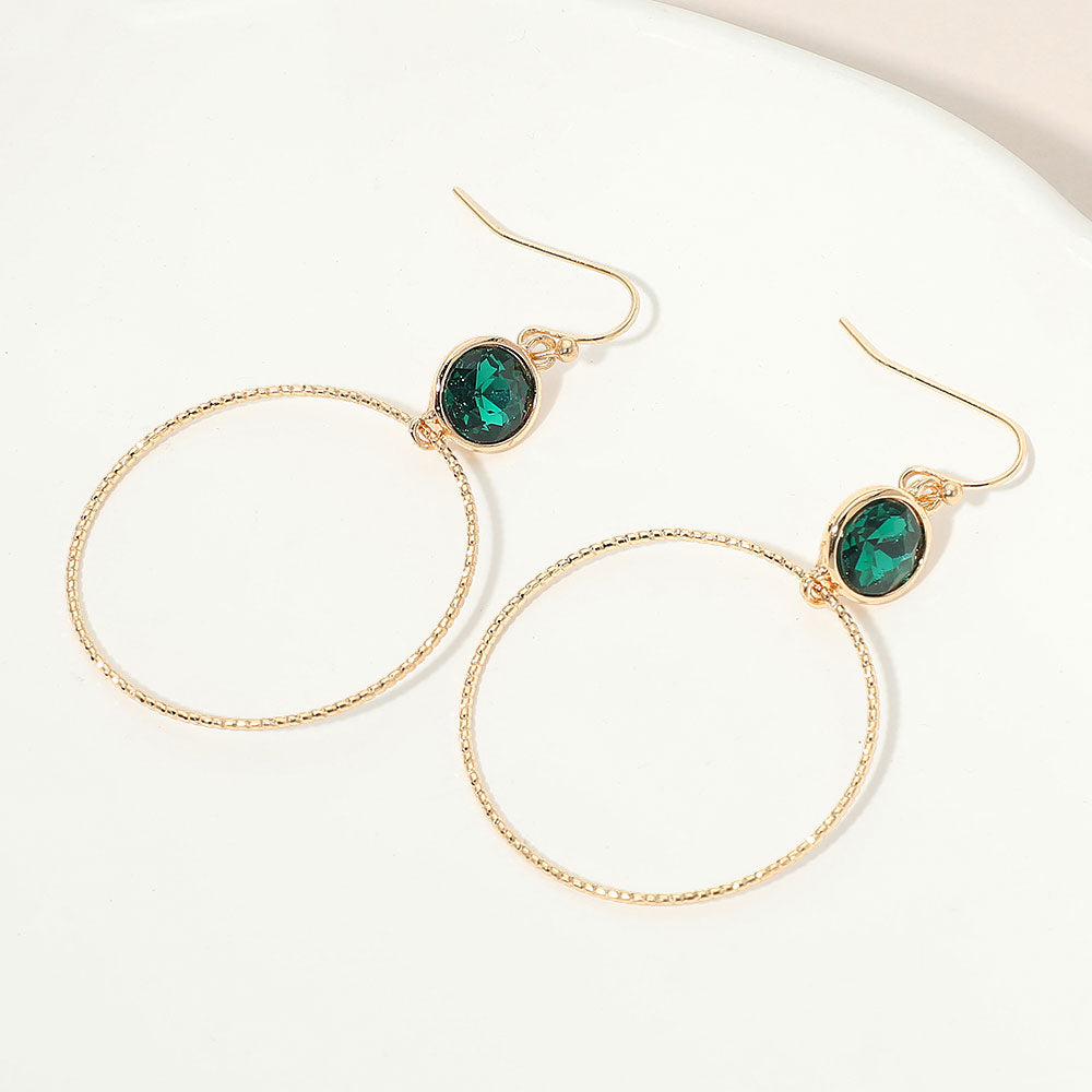 Round Stone Bezel Accent Open Hoop Drop Link Earrings