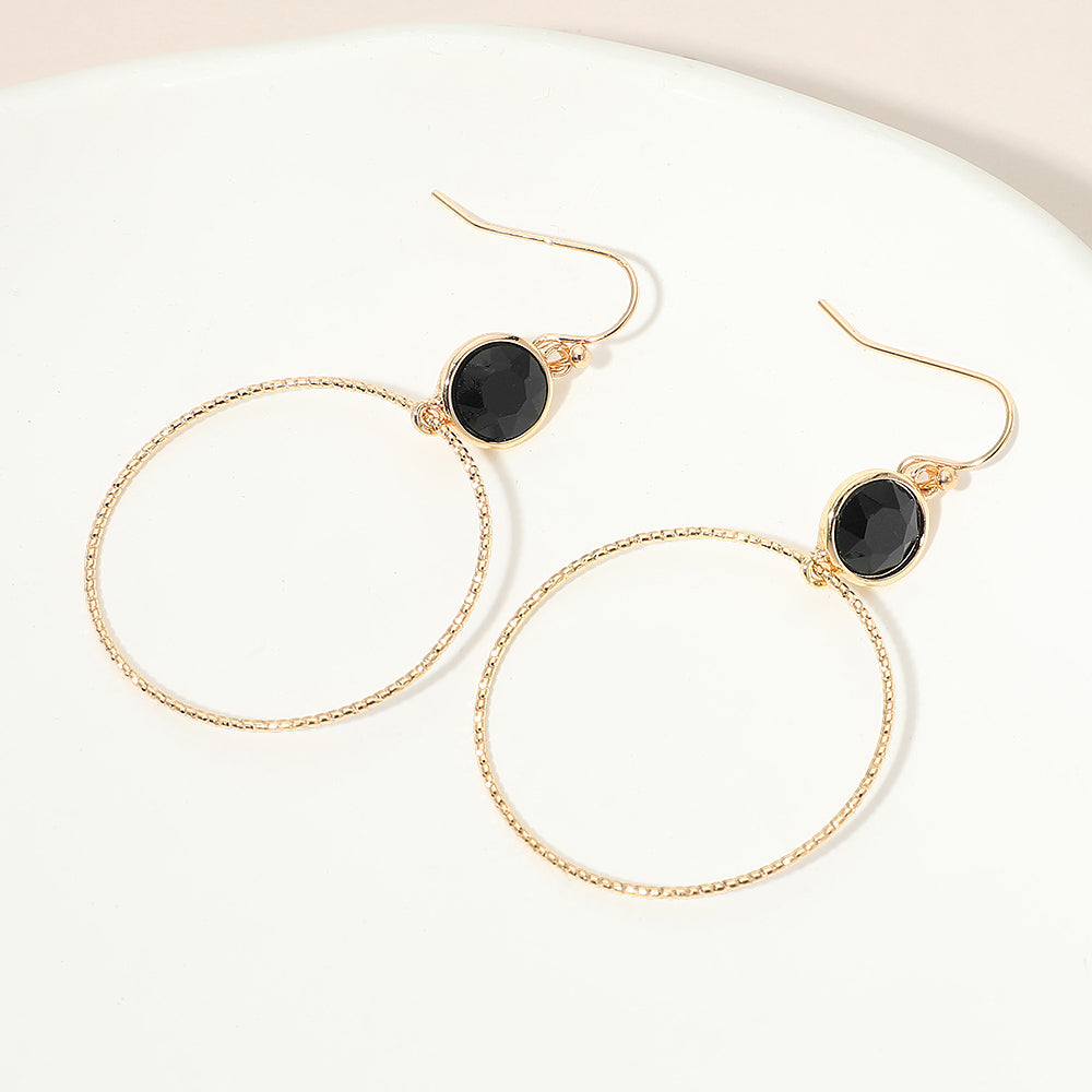 Round Stone Bezel Accent Open Hoop Drop Link Earrings