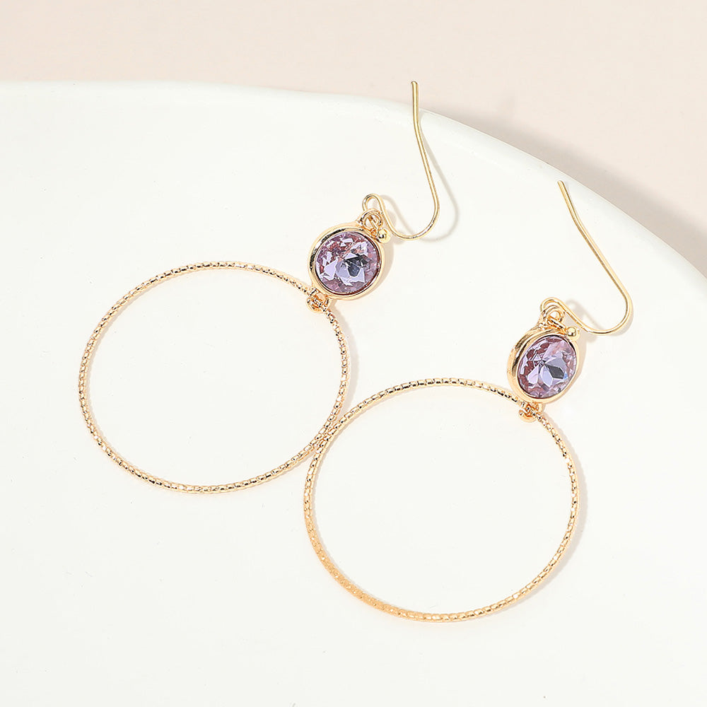 Round Stone Bezel Accent Open Hoop Drop Link Earrings