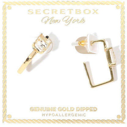 SECRET BOX_Genuine Gold Dipped Emerald Cut Stone Cluster Accent Square Hoop Earrings
