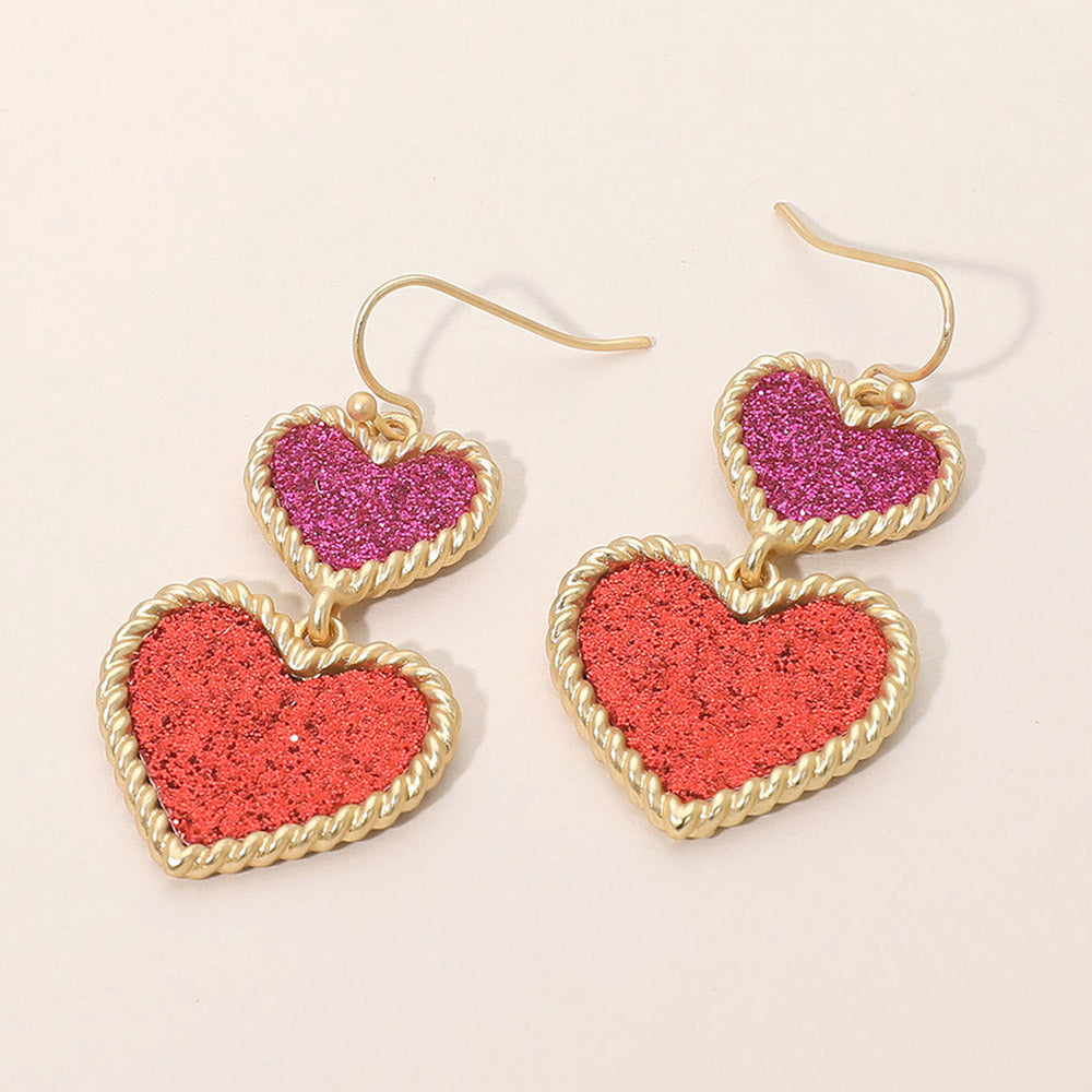 Glitter Double Heart Link Drop Dangle Earrings