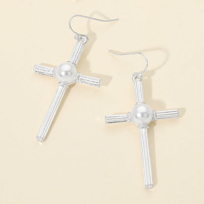 Pearl Accent Chunky Textured Cross Drop Dangle Earrings