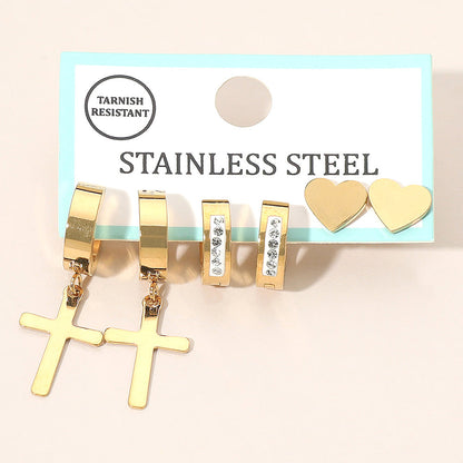 3Pairs - Stainless Steel Cross Drop Dangle Rhinestone Line Huggie Mini Hoop Heart Stud Earring Set