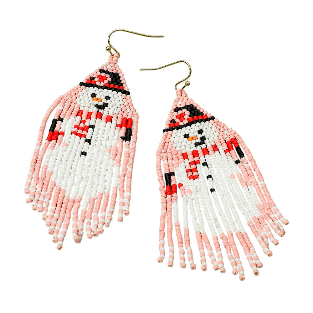 Beaded Snowman Fringe Dangle Earrings