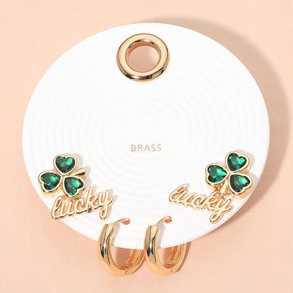 3Pairs - Clover Lucky Stud Huggie Hoop Earring Set