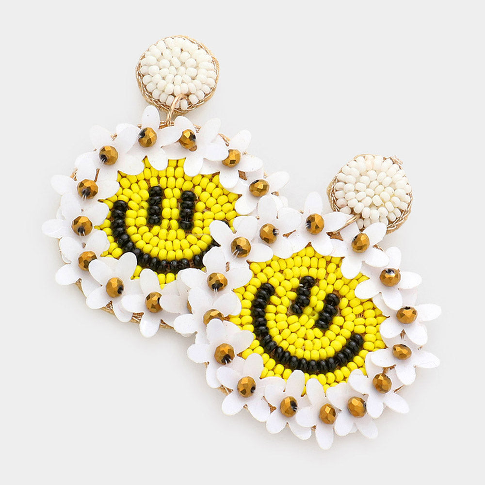 Felt Back Floral Seed Beaded Smile Dangle Earrings