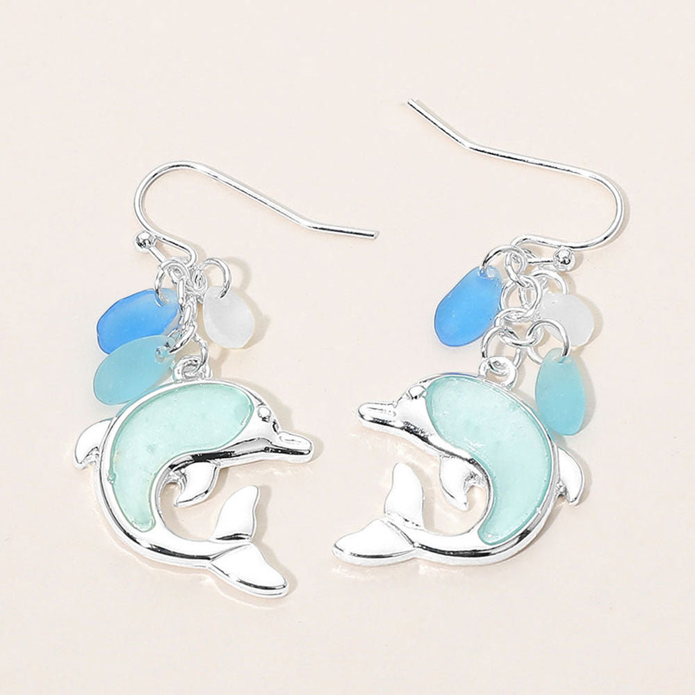 Sea Glass Dolphin Drop Dangle Earrings