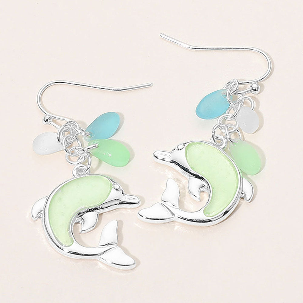 Sea Glass Dolphin Drop Dangle Earrings