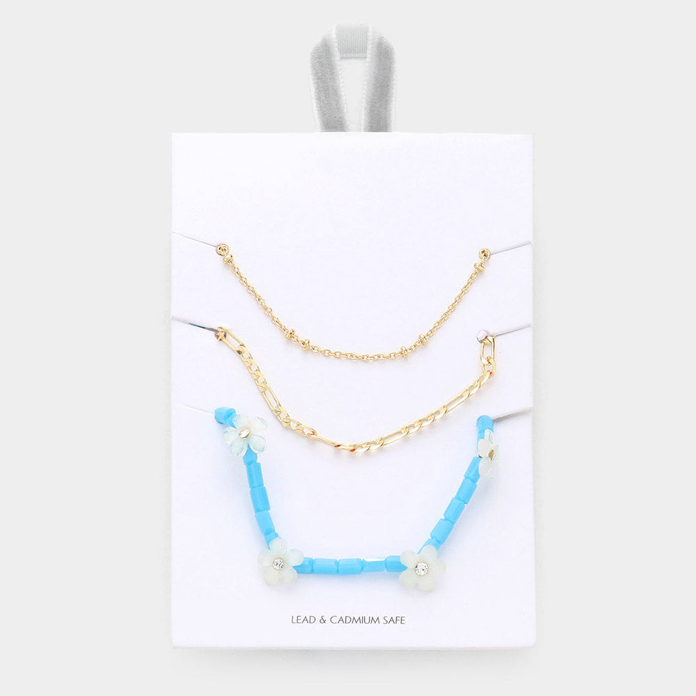 3PCS - Metal Chain Flower Accented Beaded Necklaces