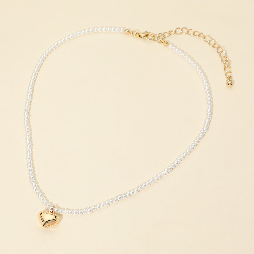 Dainty Heart Pendant Pearl Beaded Chain Necklace