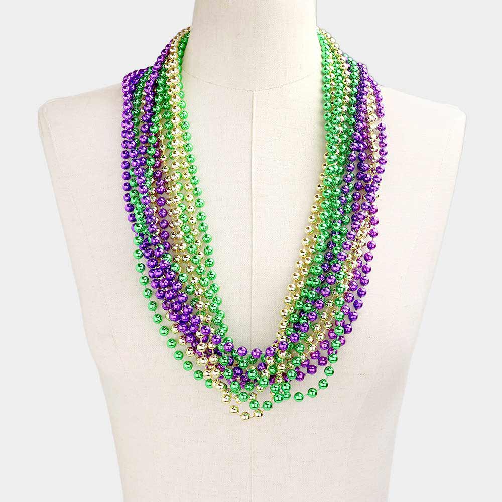 12PCS - Assorted Color Mardi Gras Beaded Necklaces