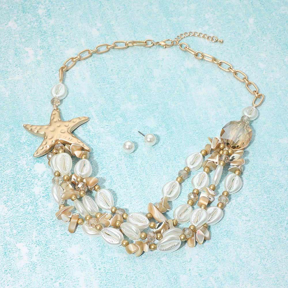 Bold Starfish Charm Pearl Shell Beaded Layered Statement Necklace