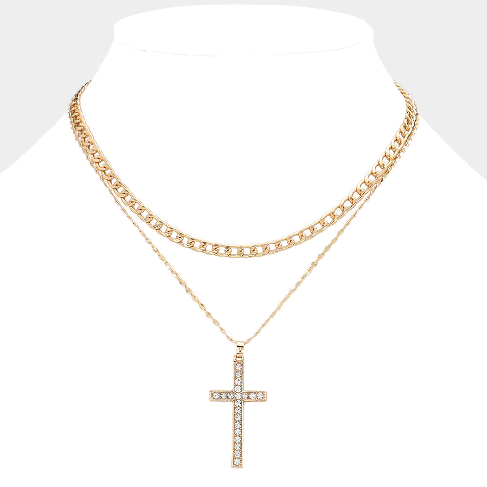 Gold Dipped Stone Paved Cross Pendant Cuban Chain Layered Necklace