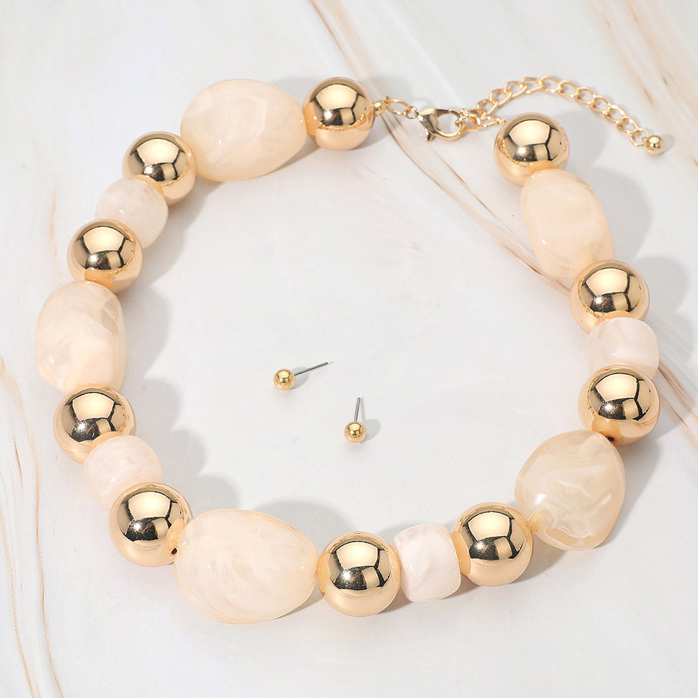 Chunky Resin Pebble Metal Ball Beaded Statement Necklace