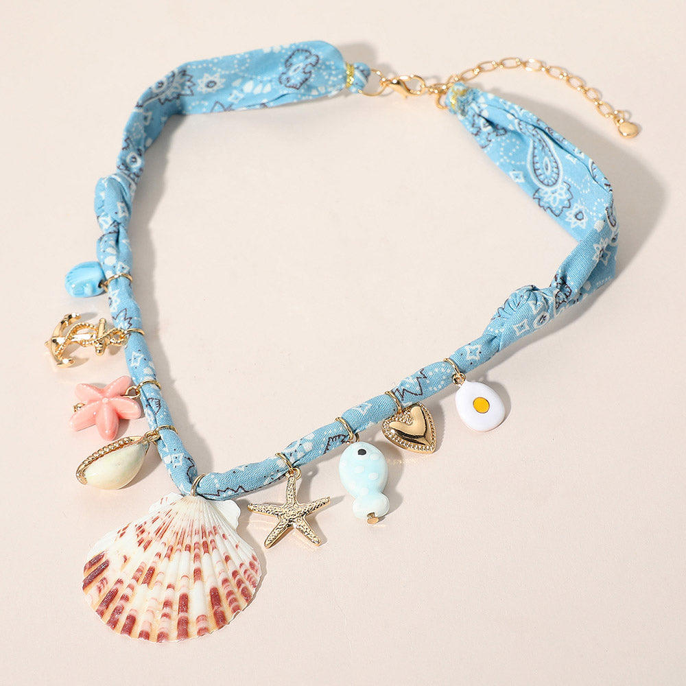 Seashell Starfish Anchor Heart Charm Station Fabric Statement Necklace