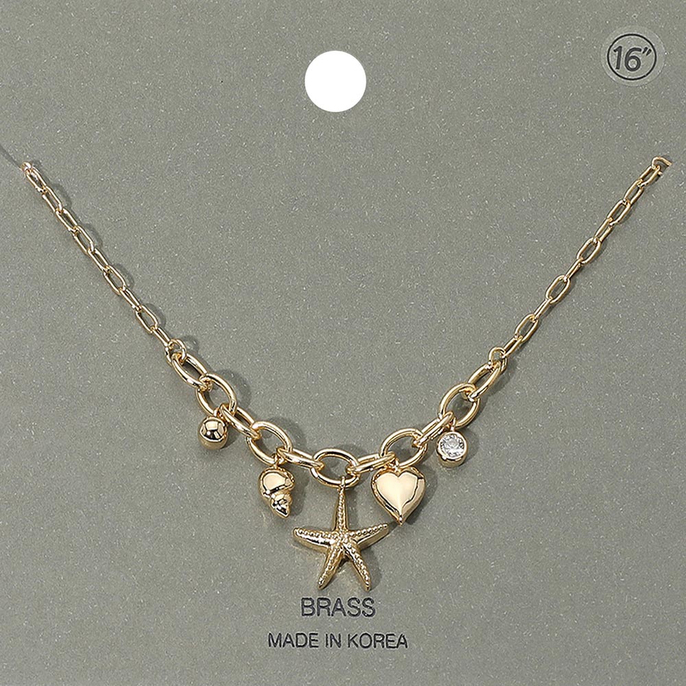 Starfish Heart Shell Stone Bezel Charm Station Paperclip Chain Necklace