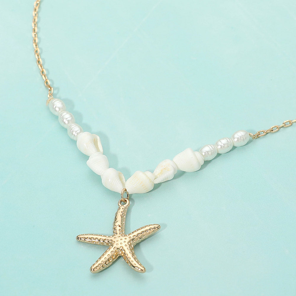 Textured Metal Starfish Charm Pendant Pearl Beaded Necklace
