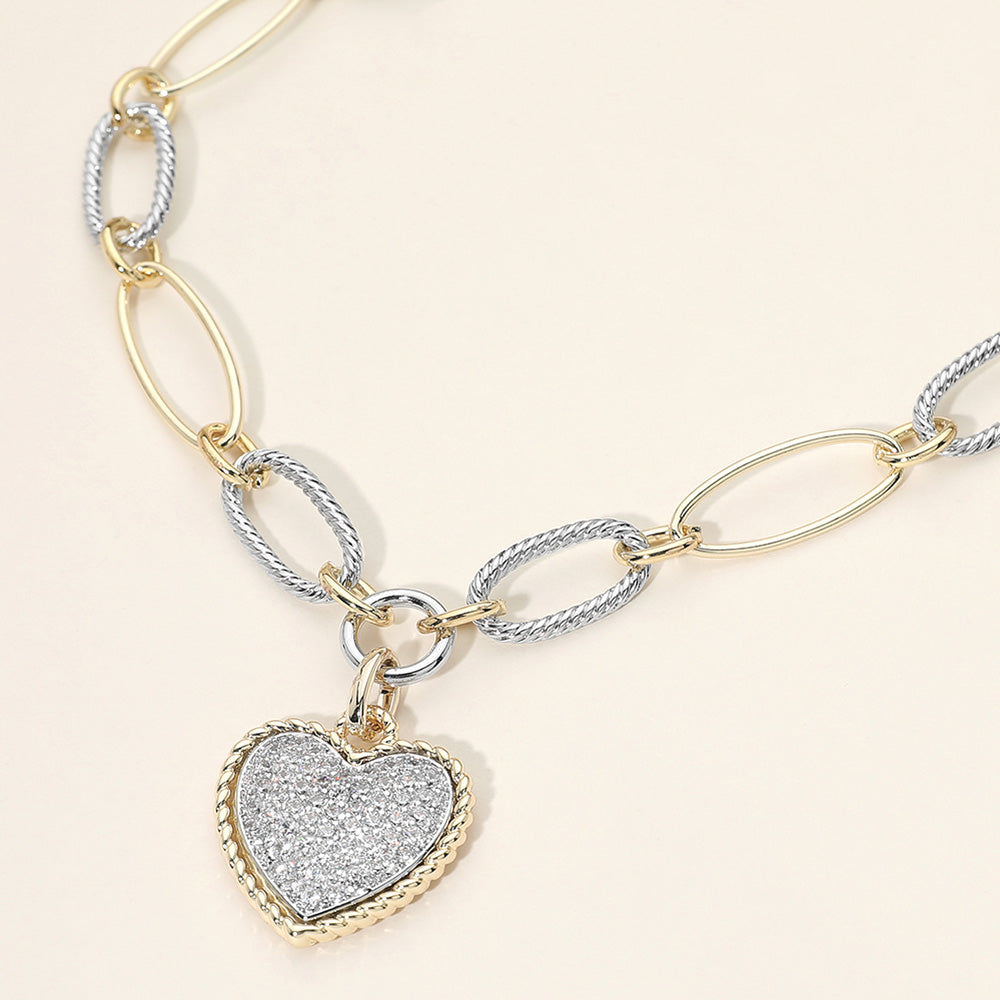 14K Gold Plated Two Tone Oval Link CZ Pave Heart Pendant Necklace