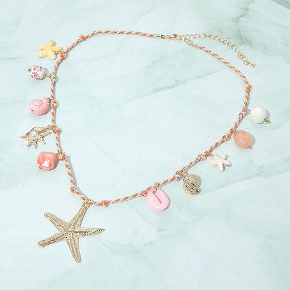 Starfish Seashell Pearl Charm Station Braided Thread Chain Necklace