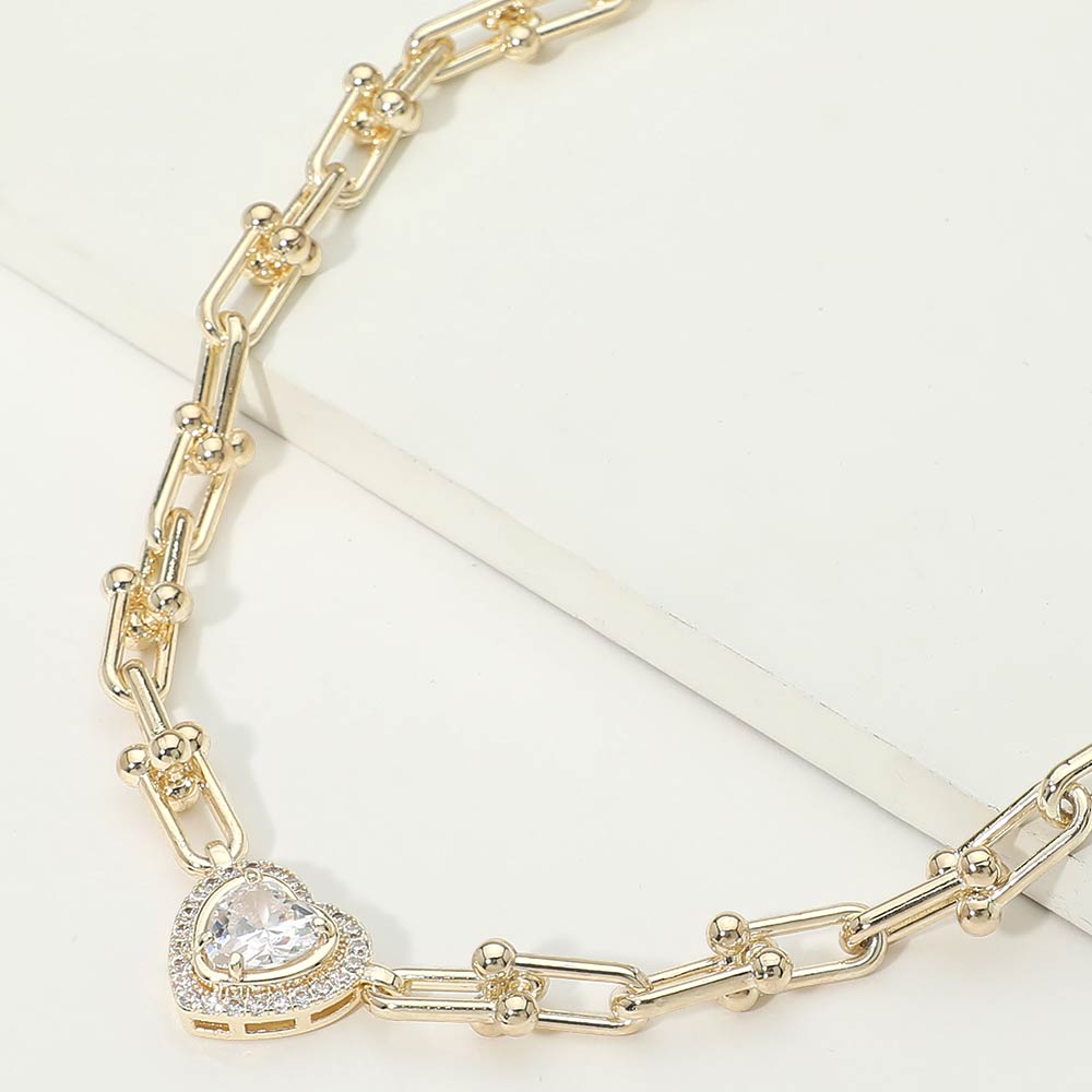14K Gold Plated Heart CZ Stone Accent Industrial Link Chain Necklace
