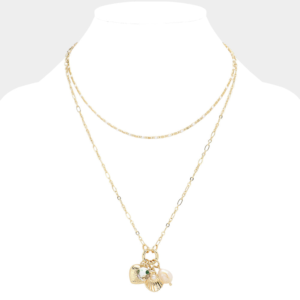 Metal Heart Pearl Pointed Shell Charm Pendant Layered Necklace