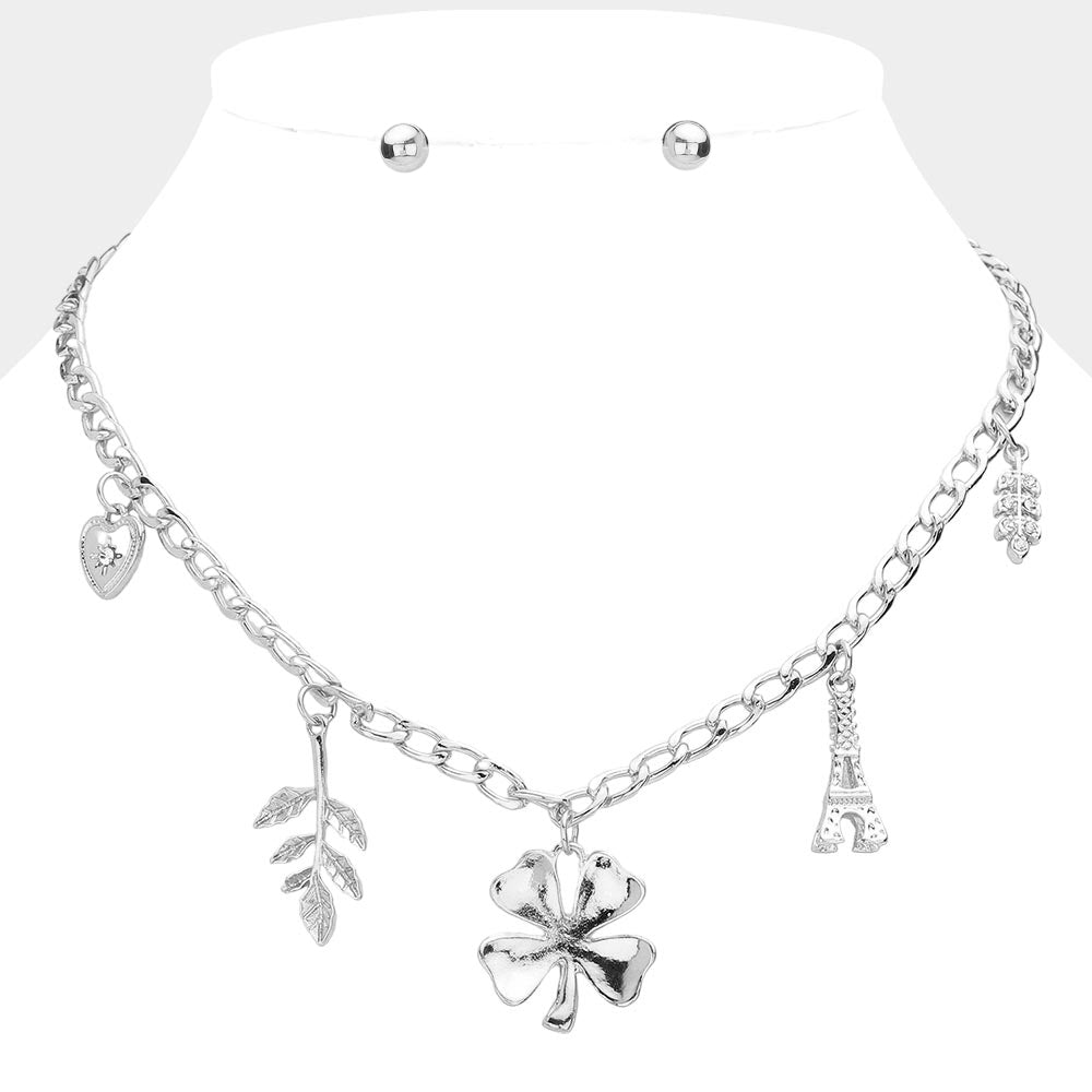 Heart Leaf Clover Eiffel Tower Pendant Station Necklace
