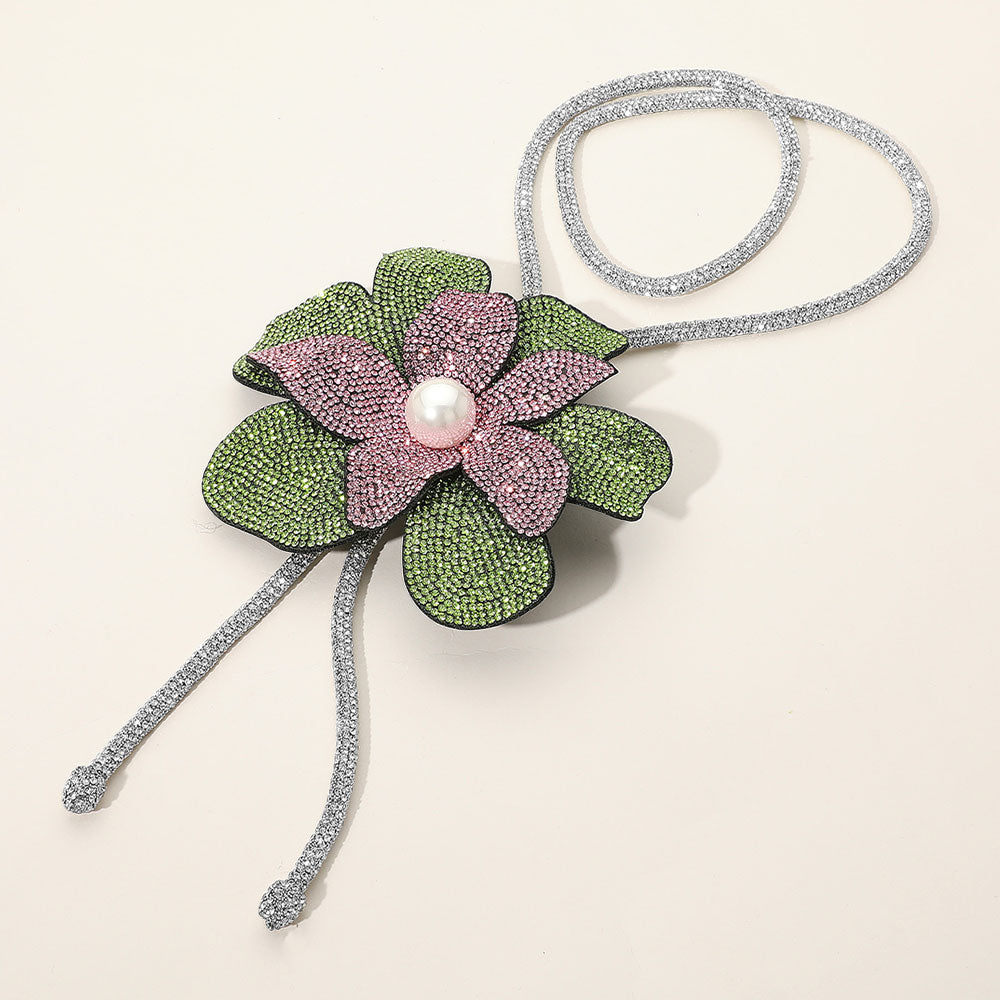 Women's Pearl Centered Bling Studded Flower Pointed Bolo Tie Statement Necklace