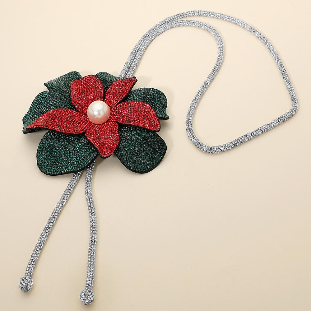Women's Pearl Centered Bling Studded Flower Pointed Bolo Tie Statement Necklace