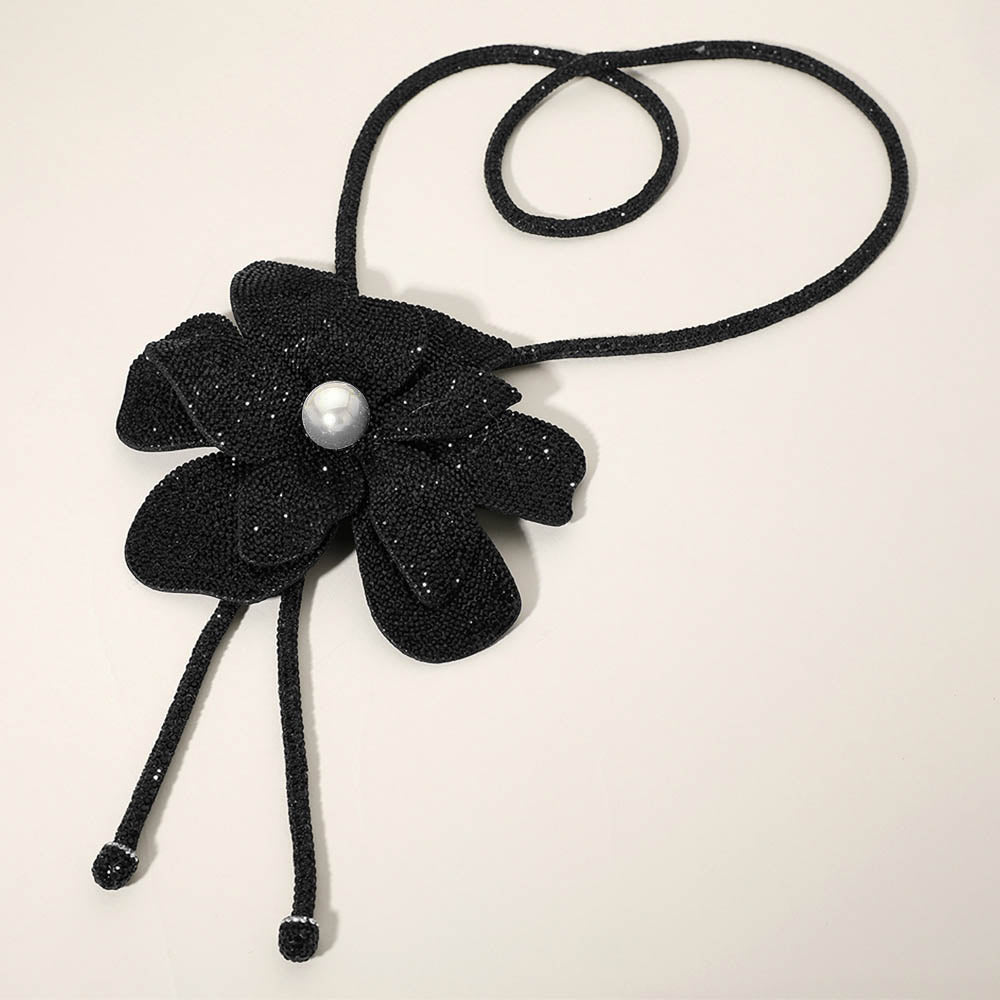 Women's Pearl Centered Bling Studded Flower Pointed Bolo Tie Statement Necklace