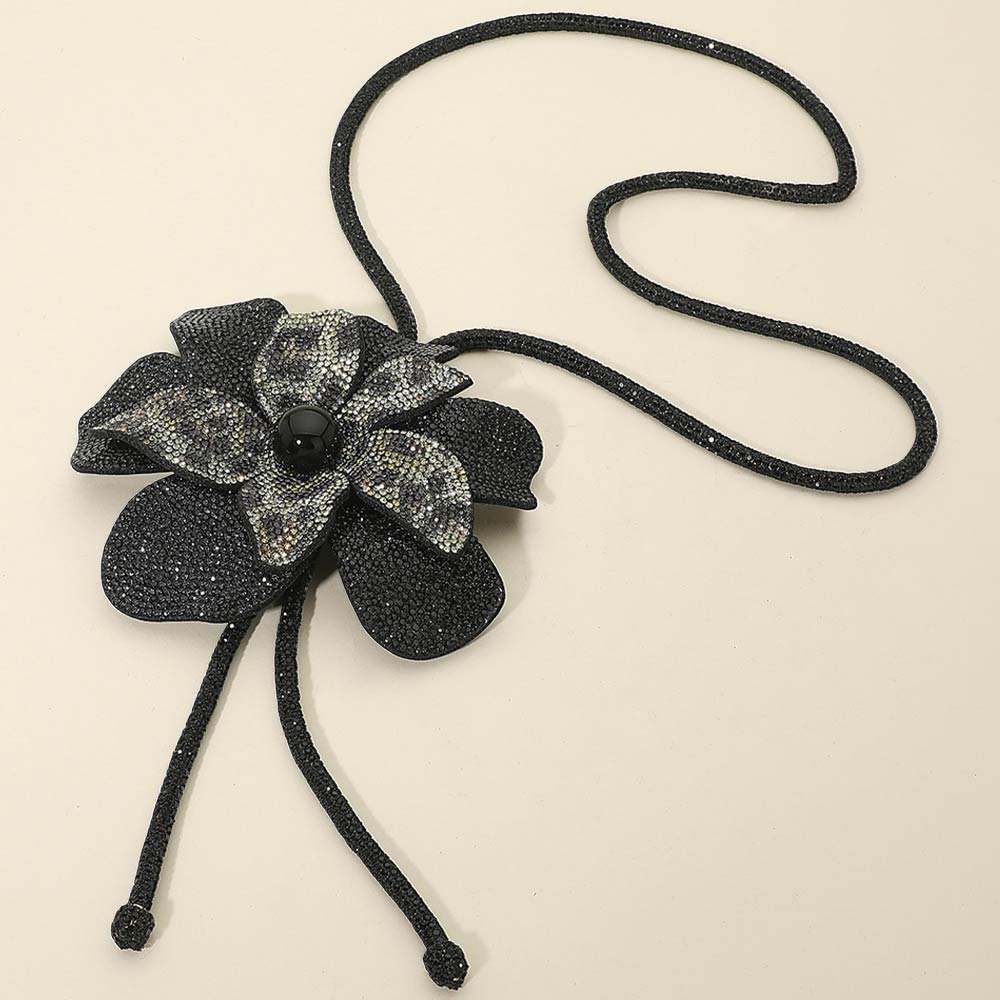 Women's Pearl Centered Bling Studded Flower Pointed Bolo Tie Statement Necklace