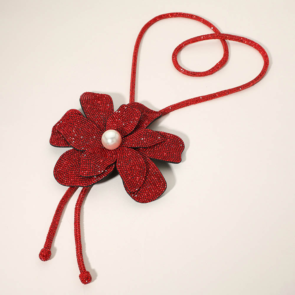 Women's Pearl Centered Bling Studded Flower Pointed Bolo Tie Statement Necklace