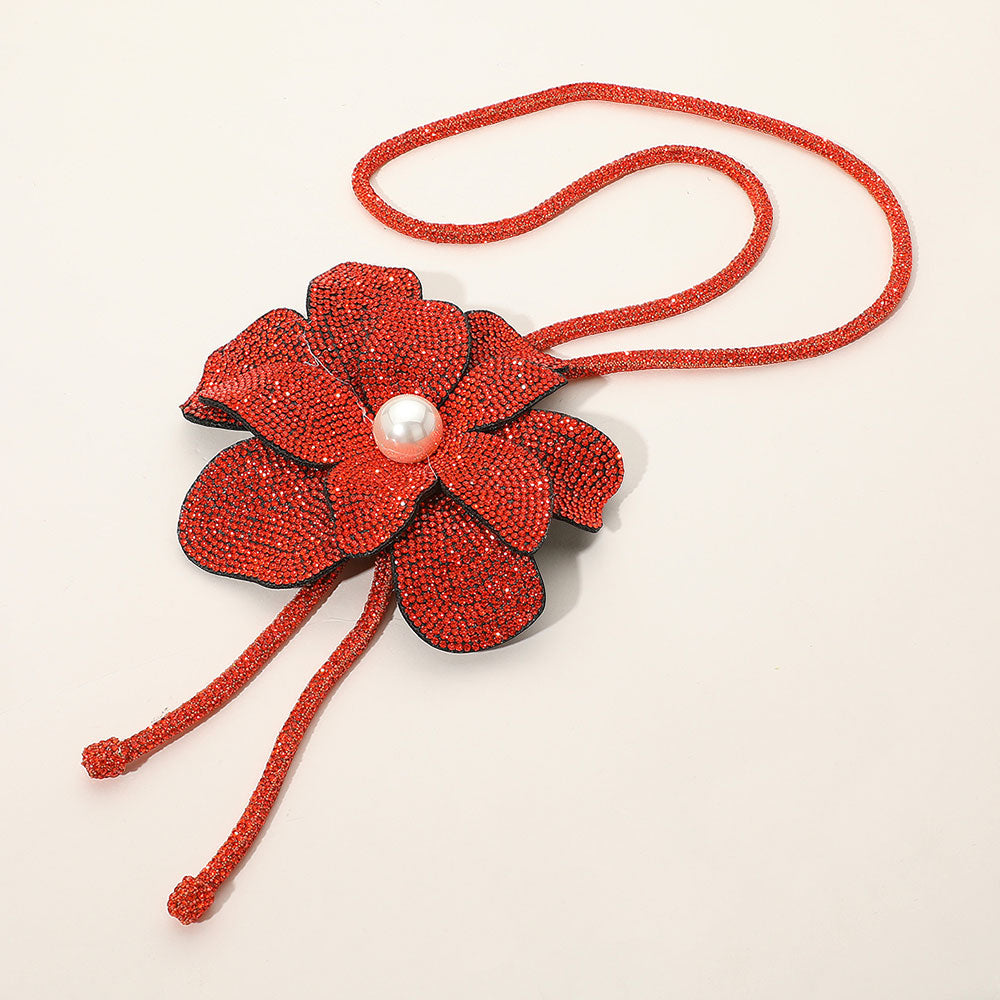 Women's Pearl Centered Bling Studded Flower Pointed Bolo Tie Statement Necklace