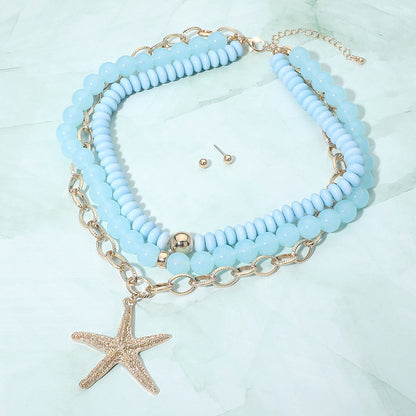 Bold Starfish Pendant Accent Multi Layered Beaded Chain Statement Necklace