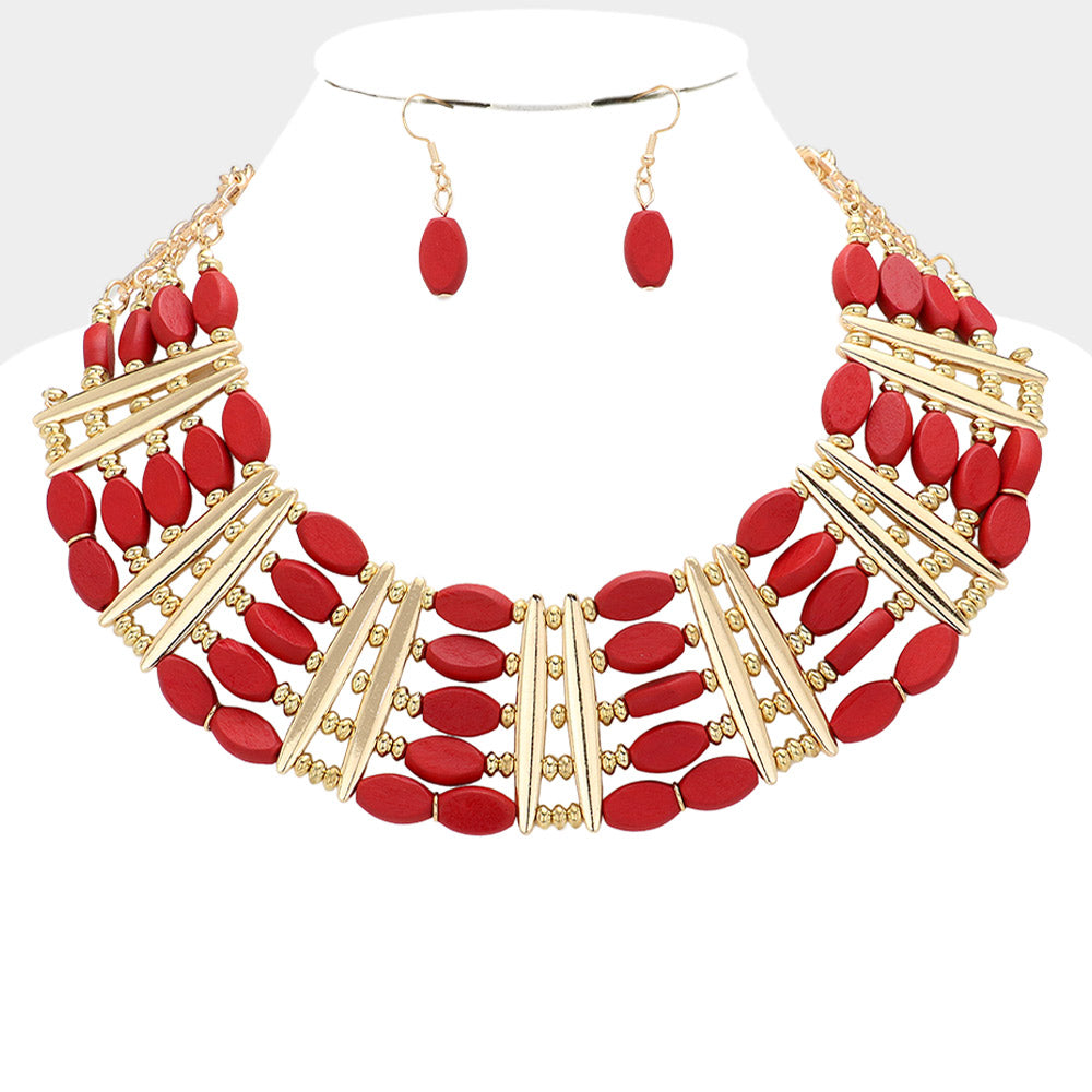 Oval Wood Beaded Statement Necklace