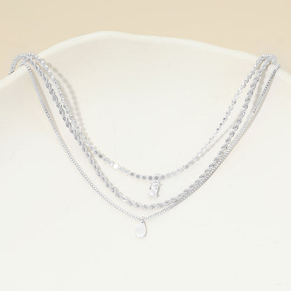 White Gold Dipped Teardrop Stone Bezel Pendant Accent Mixed Chain Layered Necklace