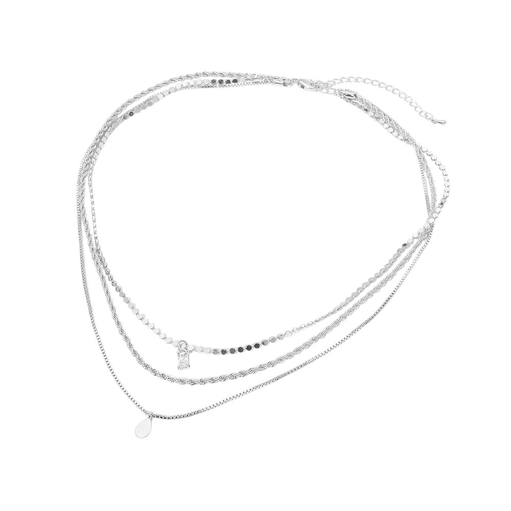 White Gold Dipped Teardrop Stone Bezel Pendant Accent Mixed Chain Layered Necklace